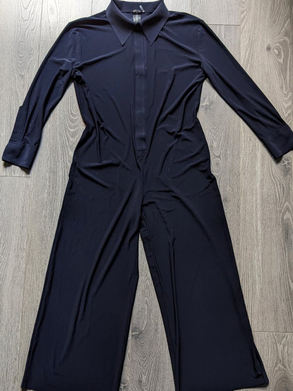 Norma Kamali Navy Blue Wide Leg Collared Shirt Style Jumpsuit Side Pockets Sz S